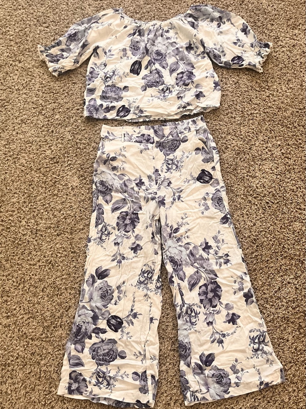 Laura Ashley 2 Piece Floral Dress Pants & Top Blue & White Sz L Women